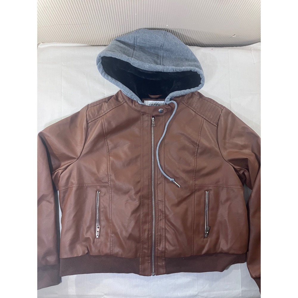Sebby Faux Leather Bomber Jacket Faux Fur Lined‎ Hooded Brown Plus Size 1X